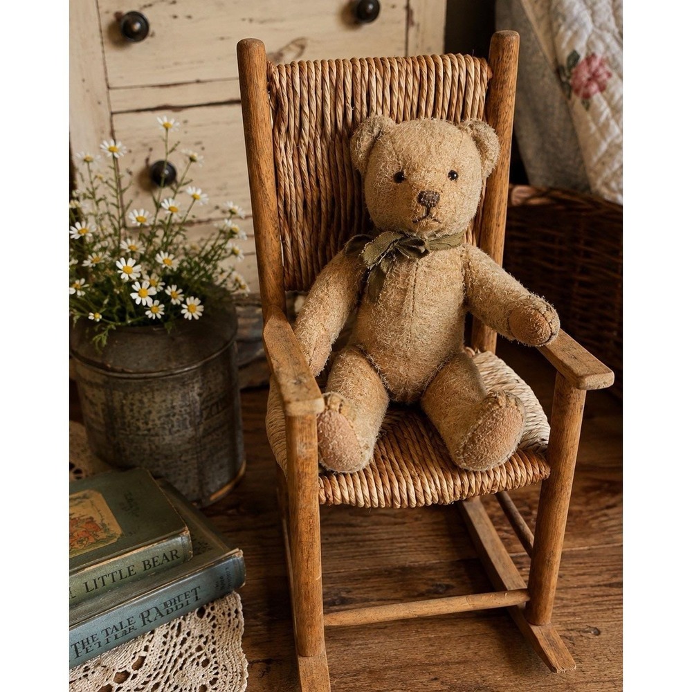 Vintage 14" Doll Rocking Chair Wood Woven Rush Seat Back Teddy Bear Decor